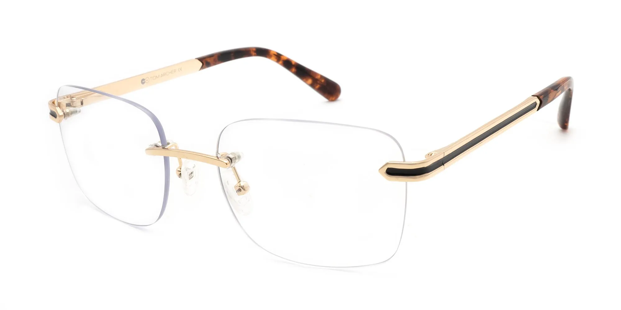 Gold and brown tortoise rimless frames
