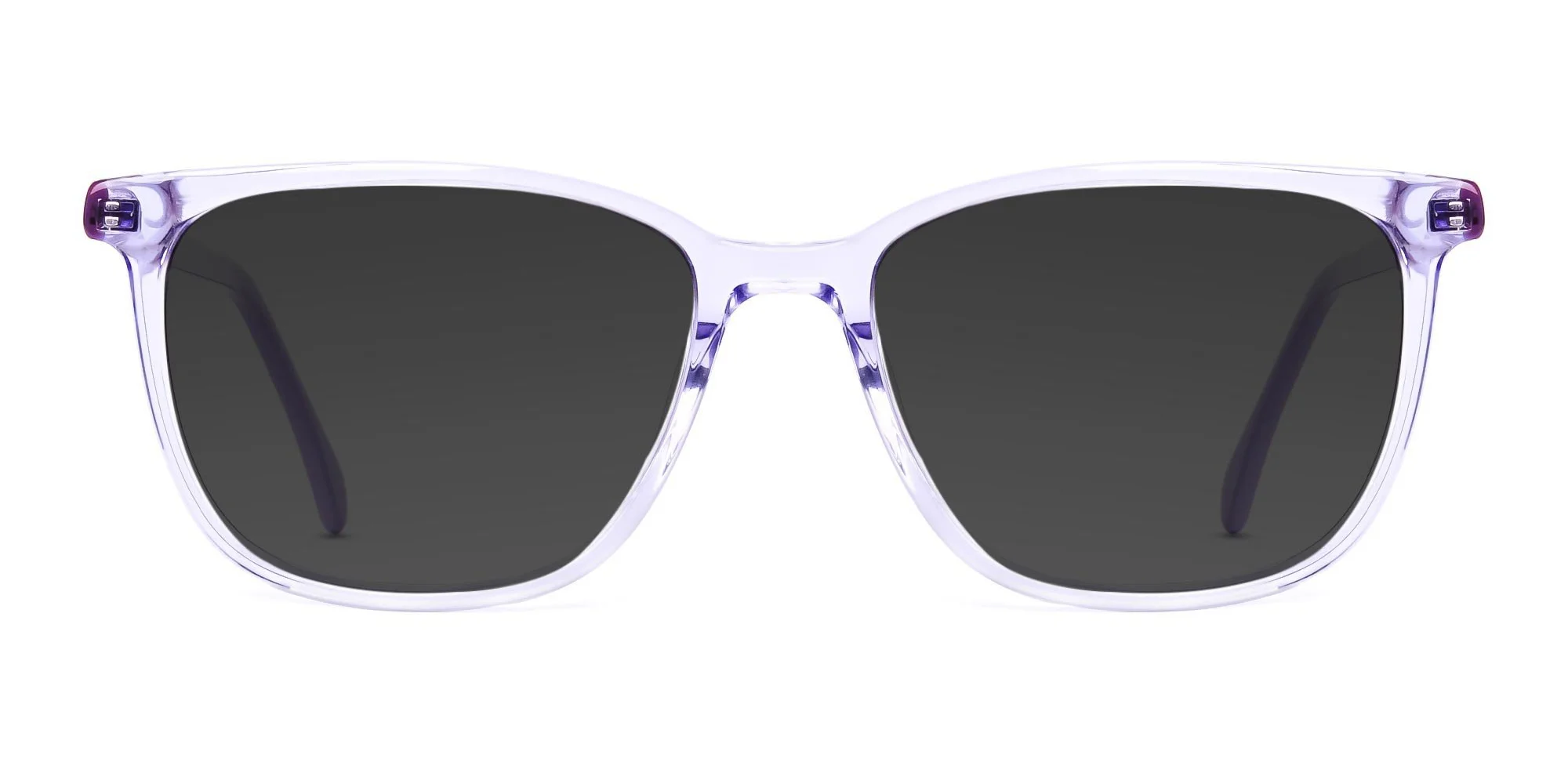 purple square and rectangular dark grey tinted sunglasses frames