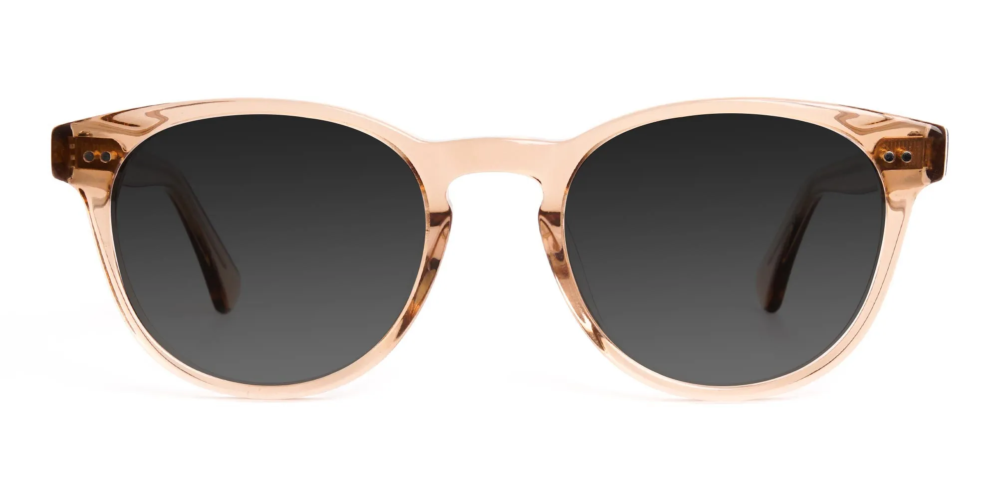 brown transparent round full rim dark grey tinted sunglasses