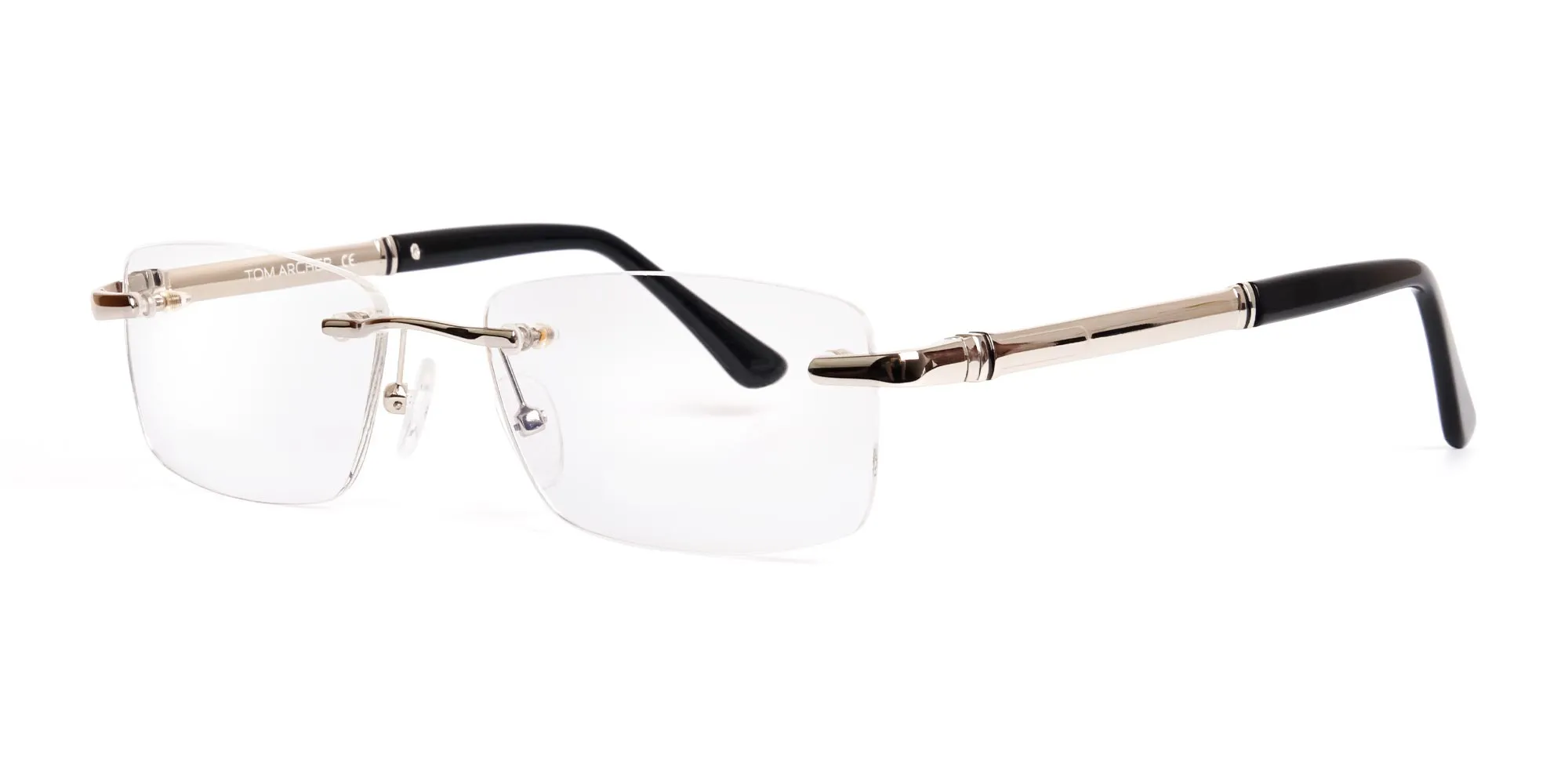 silver and black rectangular rimless glasses frames-2