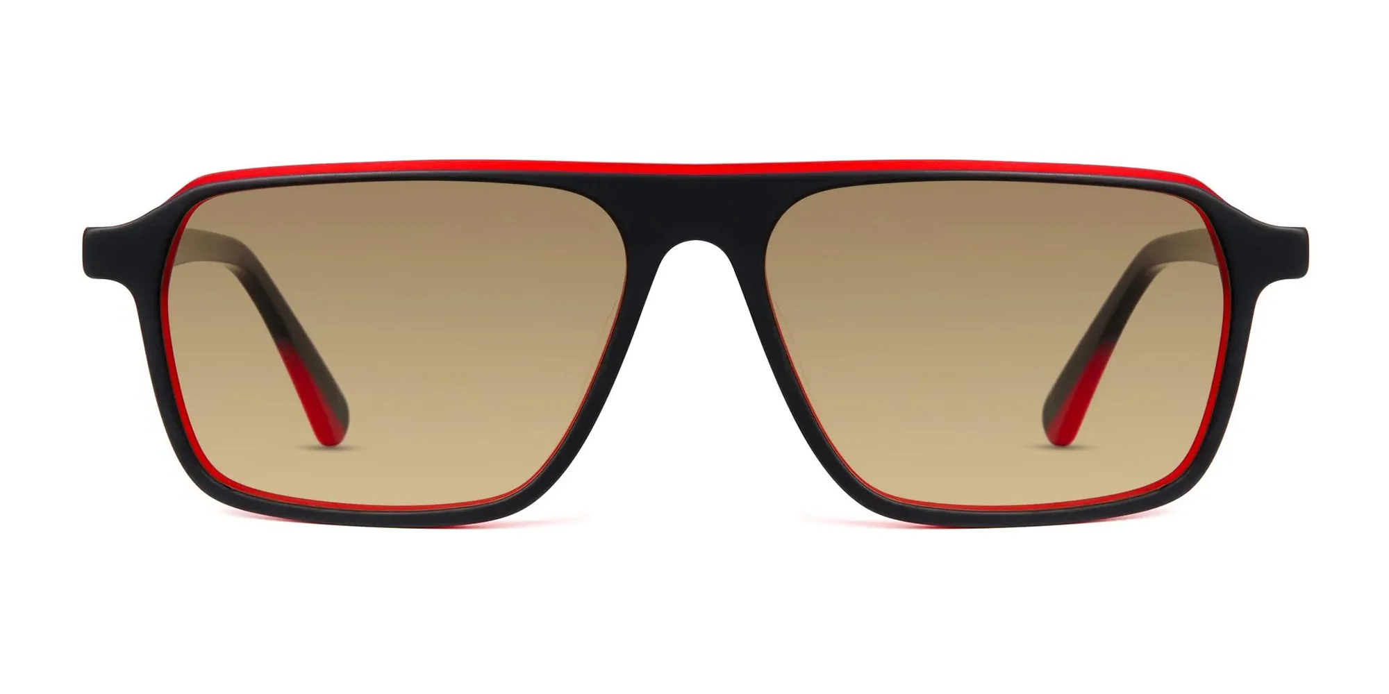 black and red rectangular full rim brown tinted sunglasses frames