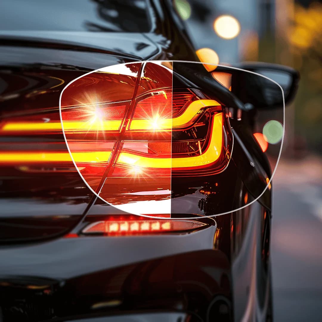 Image showing the rear of a car with its bright taillights creating glare on the left side, while the right side demonstrates the effect of anti-reflective lenses that cut down the glare. A visual comparison highlights how anti-reflective lenses provide clearer, safer night driving vision by reducing the harsh light from oncoming traffic.