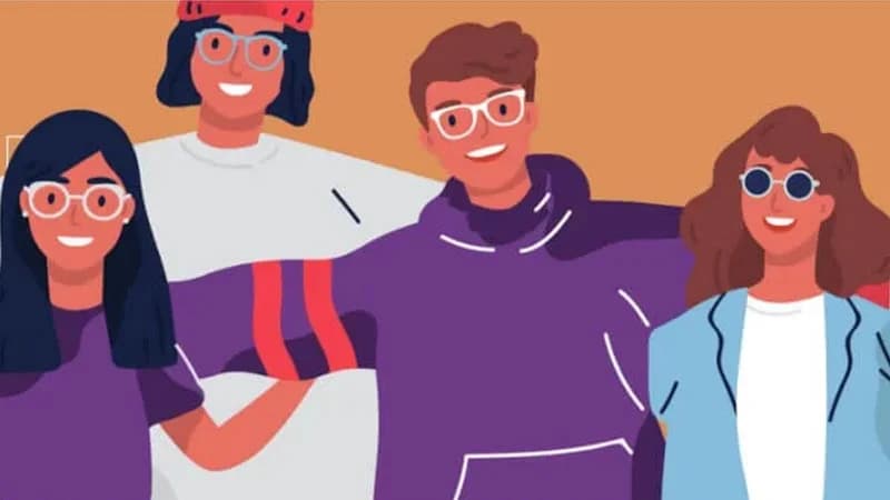 Illustration of four diverse people, two men and two women, happily wearing different styles of eyeglasses and sunglasses, representing various face shapes and eyewear styles to discover.