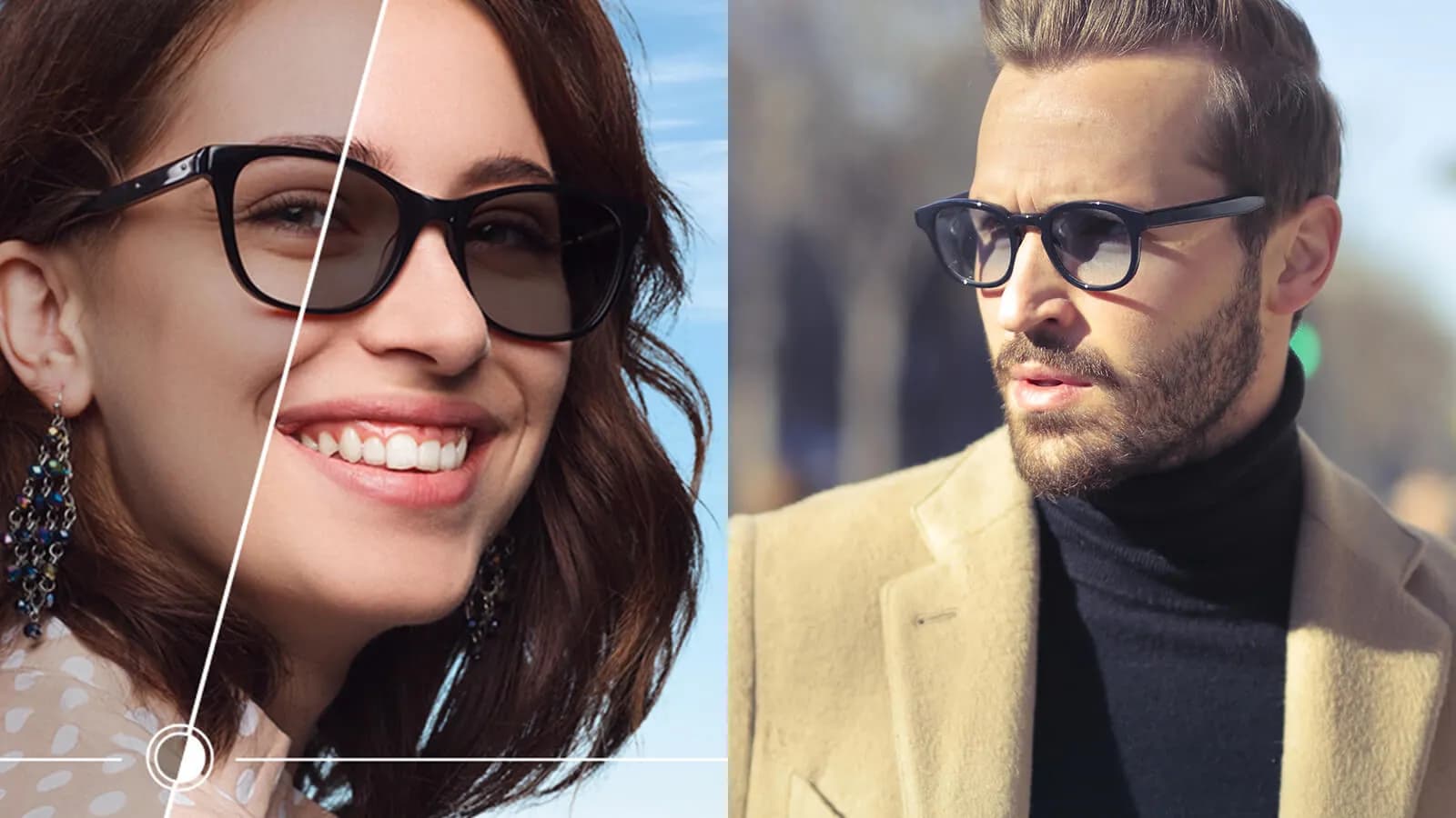 Collage of a woman showing split Transitions lenses (clear to dark) and a man in dark prescription sunglasses.