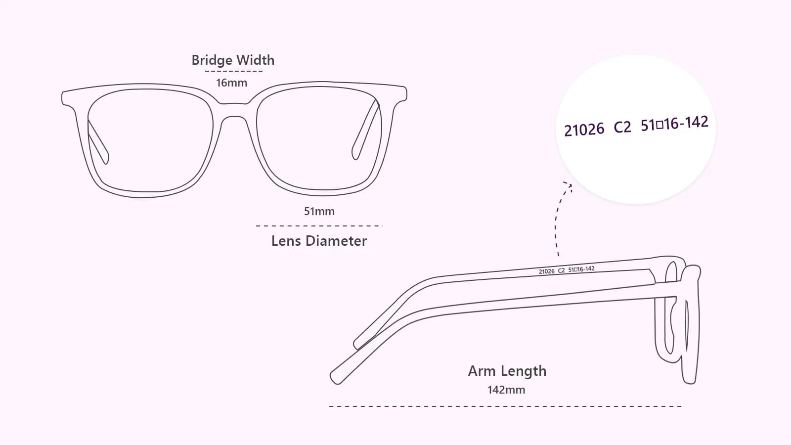 Diagram explaining glasses sizes: lens diameter 51mm, bridge width 16mm, and arm length 142mm, labelled on the frame front and side temple arm.