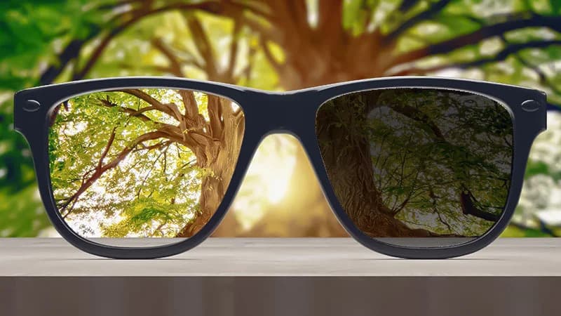 A pair of transition glasses on a wooden surface with one clear lens and one darkened lens, showing their ability to adapt to outdoor sunlight.