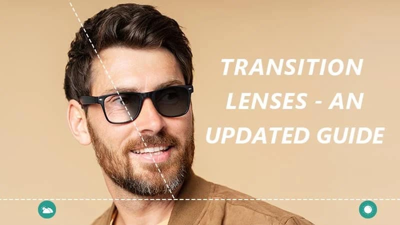 Portrait of a man with a beard wearing glasses where one lens is clear and the other is dark, titled Transition Lenses - An Updated Guide.