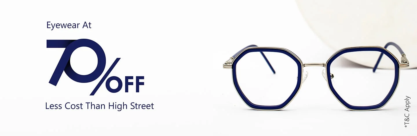 Banner highlighting ‘Eyewear At 70% Off, Less Cost Than High Street’ with large blue text and a pair of geometric blue-rimmed Specscart glasses on the right side, set against a simple pale backdrop.