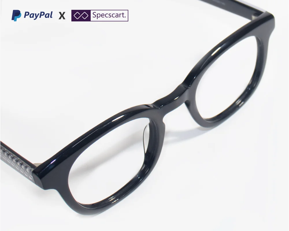Close-up of black square Specscart glasses on a white background, with PayPal and Specscart logos displayed side by side in the top left corner to highlight a partnership.