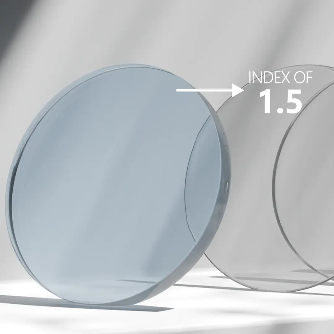 Specscart index 1.5 standard lens, representing the baseline thickness of a basic lens for lower eyewear prescriptions.