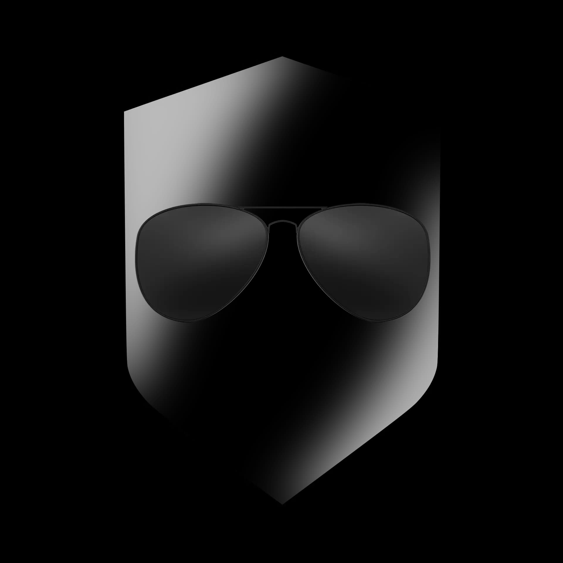 Specscart Transitions lenses icon featuring a protective shield behind pilot glasses, symbolising 100% UV and blue-violet light filtration.