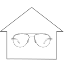 Specscart Transitions XTRActive lenses icon featuring clear pilot frames inside a house outline, illustrating their transparent state with a hint of grey for indoor use.