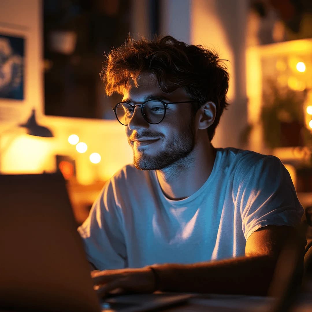 Image of a young man working at his laptop in a dimly lit room with warm lights. He is wearing eyeglasses with anti-reflective lenses that reduce screen glare, representing how these lenses help prevent digital eye strain and maintain comfortable, clear vision during extended hours of work or study.