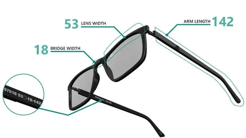 Technical illustration of black rectangular eyeglasses with dashed lines and numerical labels indicating '53 LENS WIDTH', '18 BRIDGE WIDTH', and '142 ARM LENGTH', used to explain how to measure glasses for fitting.