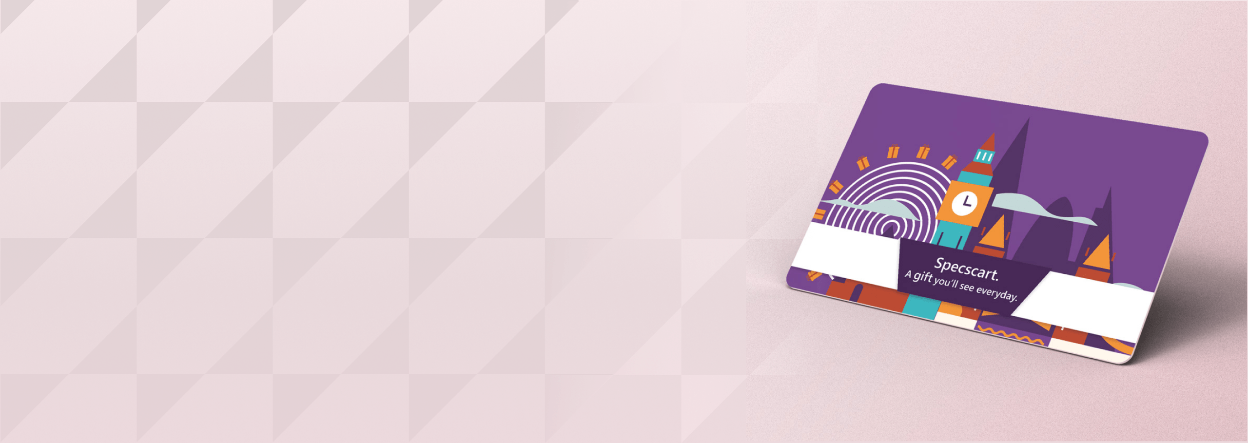 Specscart E-Gift Card with a purple design showing London landmarks and the tagline 'A gift you'll see everyday' on a soft pink patterned backdrop.