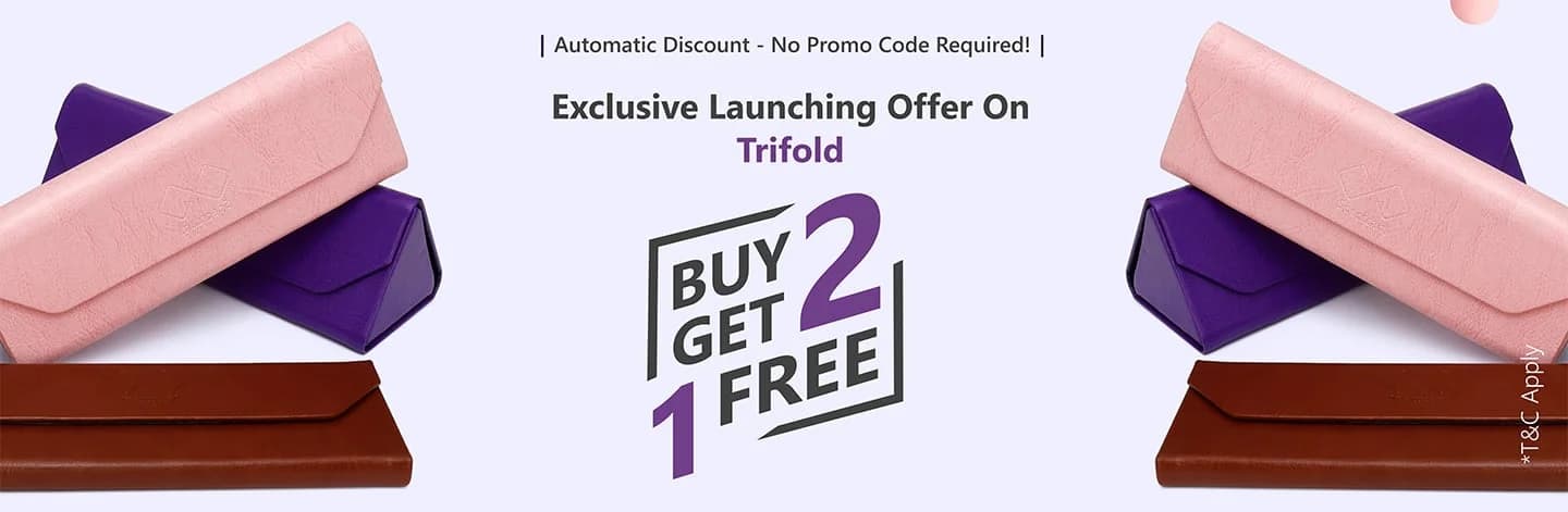 Banner advertising ‘Exclusive Launching Offer On Trifold, Buy 2 Get 1 Free’ featuring three pastel-coloured Specscart trifold cases in pink, purple, and brown, arranged in pairs on a pale background.