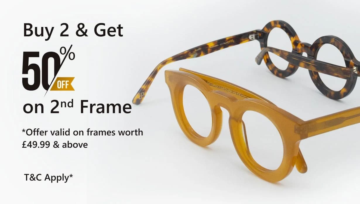 Banner promoting ‘Buy 2 & Get 50% Off on 2nd Frame’ offer, with bold black and yellow text and two pairs of stylish Specscart glasses, one in amber and one in tortoiseshell, displayed against a clean white background.