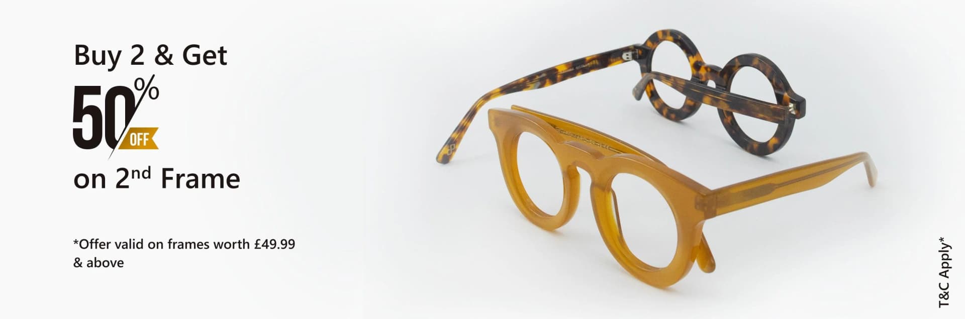 Banner promoting ‘Buy 2 & Get 50% Off on 2nd Frame’ offer, with bold black and yellow text and two pairs of stylish Specscart glasses, one in amber and one in tortoiseshell, displayed against a clean white background.