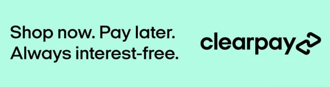 Banner displaying the Clearpay logo and the message ‘Shop now. Pay later. Always interest-free,’ highlighting interest-free payment options.