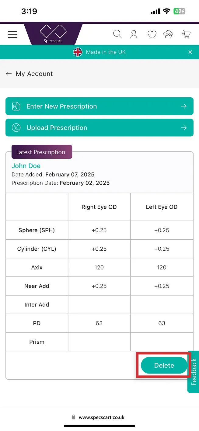 How do I delete a saved prescription?