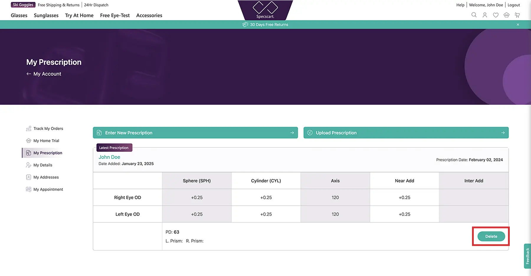 How do I delete a saved prescription?