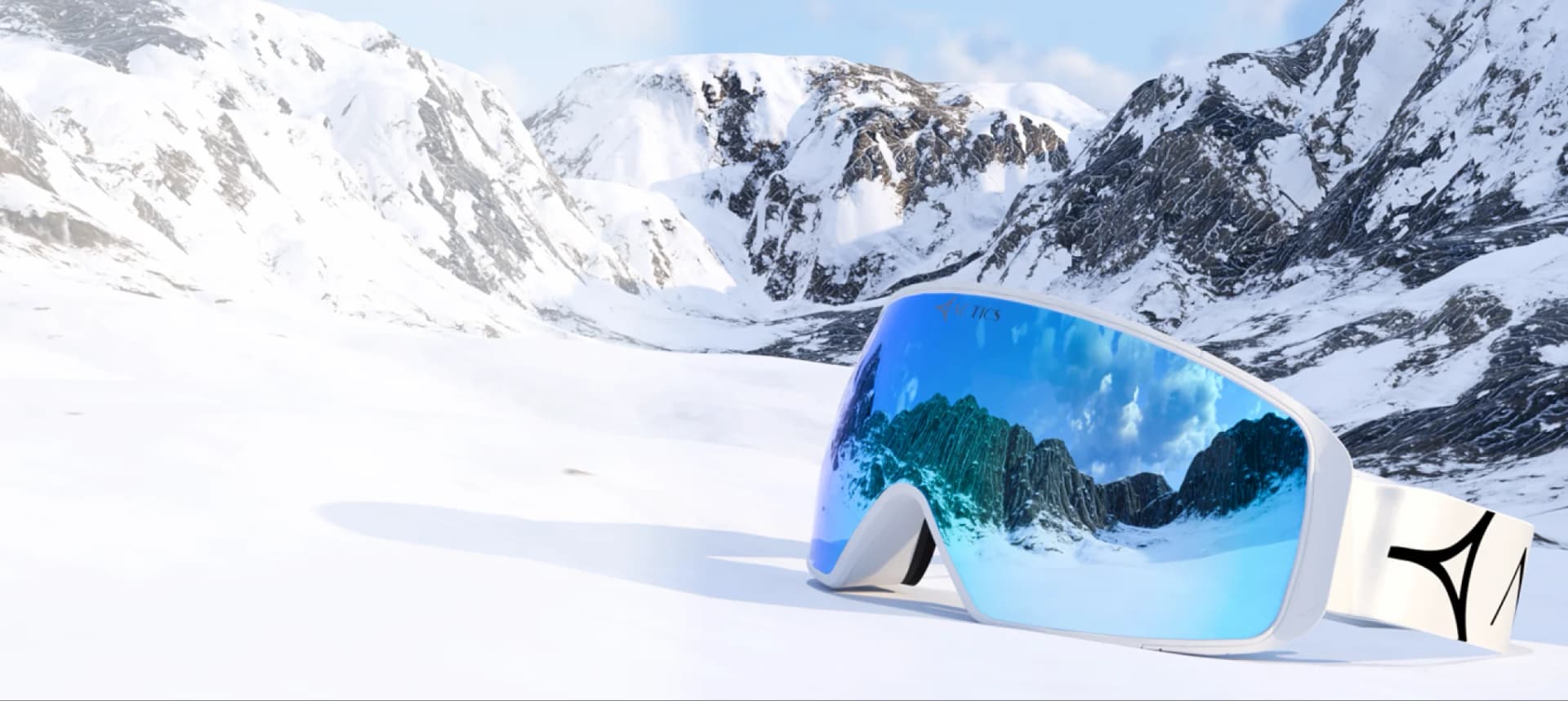 Ski goggles with a large, mirrored lens in icy blue, reflecting a dramatic snow-covered mountain landscape and cloudy sky. The goggles feature a sleek white frame and matching strap, prominently displaying the Specscart Actics logo in bold black. Placed in the foreground on pristine snow, the goggles stand out for their modern design and winter sports appeal, emphasising clarity, style, and adventure in a high-altitude setting.
