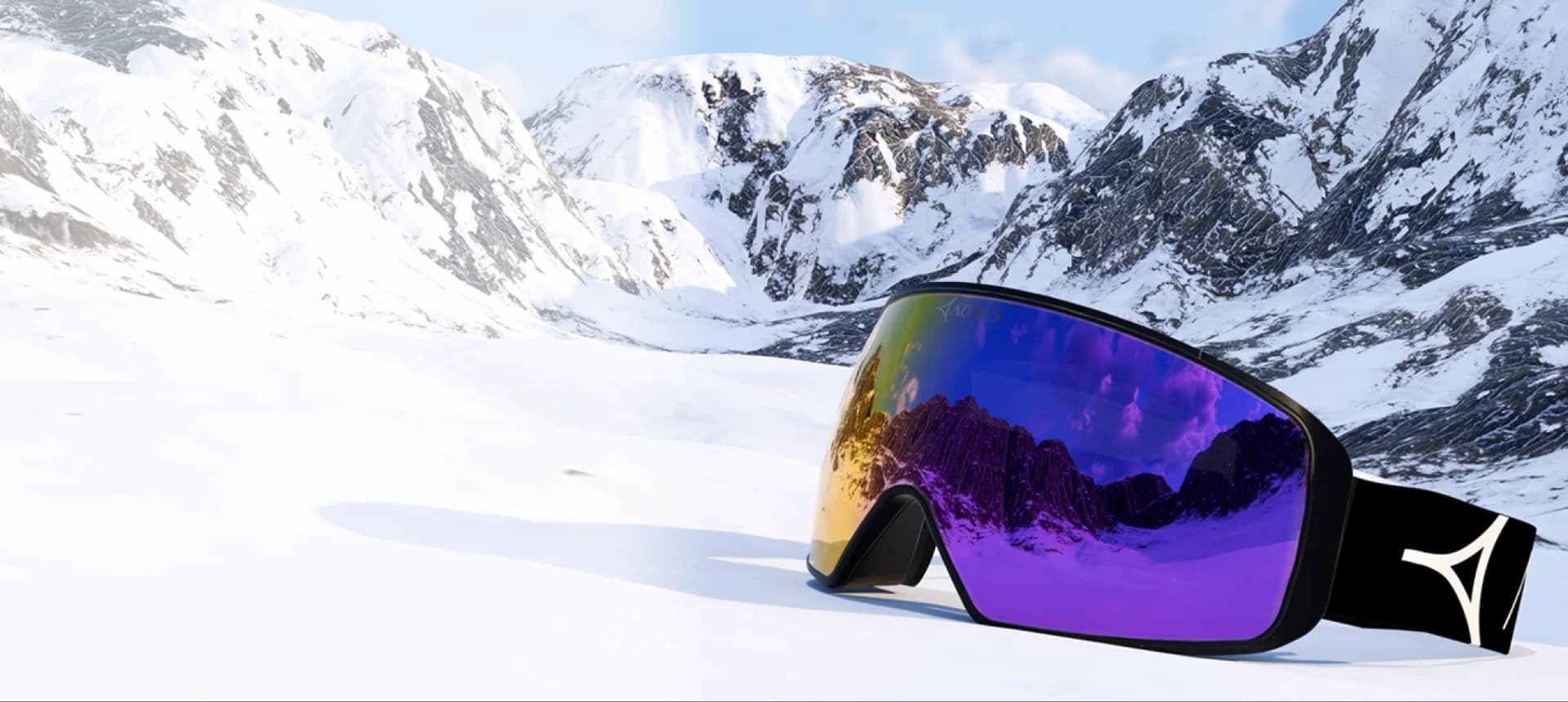 Ski goggles with a curved, mirrored lens reflecting a dramatic snowy mountain landscape and a vibrant purple sky. The purple colour gradient on the lens stands out against the crisp white snow and rugged peaks in the background. Set on a black strap with the Specscart Actics logo in bold white, the goggles are angled prominently in the foreground, conveying a sense of premium style and advanced winter sports gear.