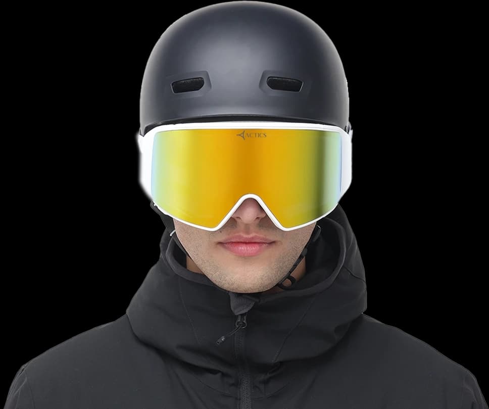 eagle 2 Front view of the Specscart Eagle ski goggles designed for professional skiers, shown with a large golden-mirrored lens, seamless white frame, and paired with a matte black ski helmet and high-collar black jacket.