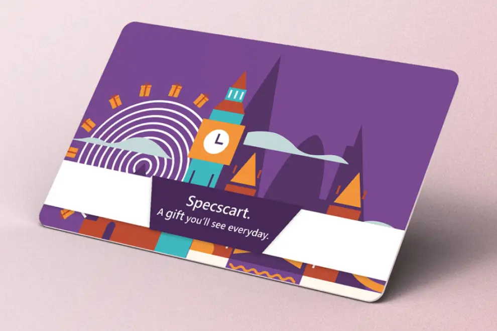 Specscart gift card with colourful stylised illustrations of British landmarks against a purple backdrop, and the message ‘Specscart. A gift you’ll see everyday.’ displayed in white text.