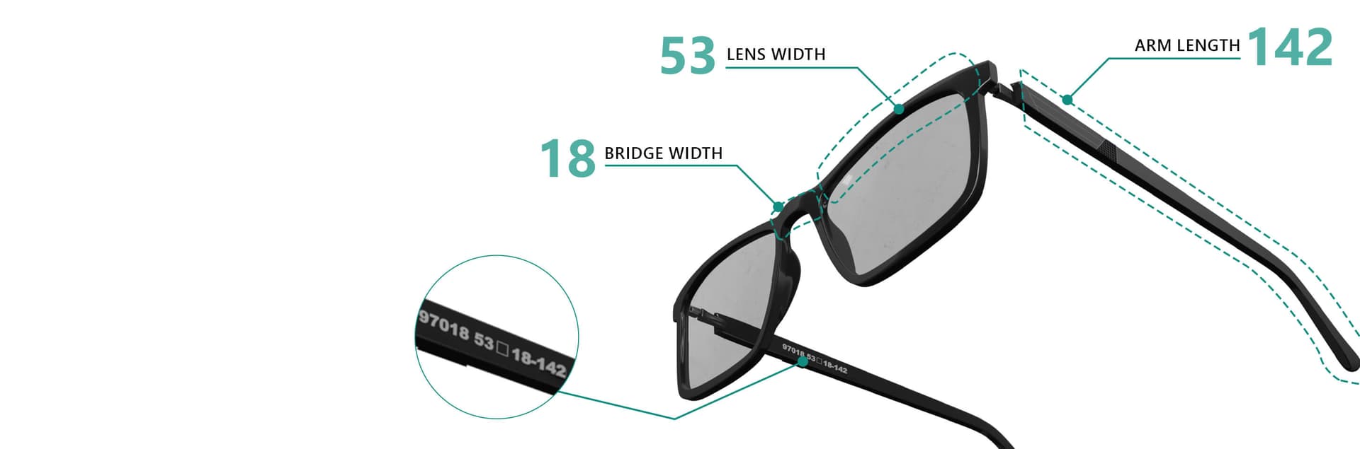 Technical illustration of black rectangular eyeglasses with dashed lines and numerical labels indicating '53 LENS WIDTH', '18 BRIDGE WIDTH', and '142 ARM LENGTH', used to explain how to measure glasses for fitting.