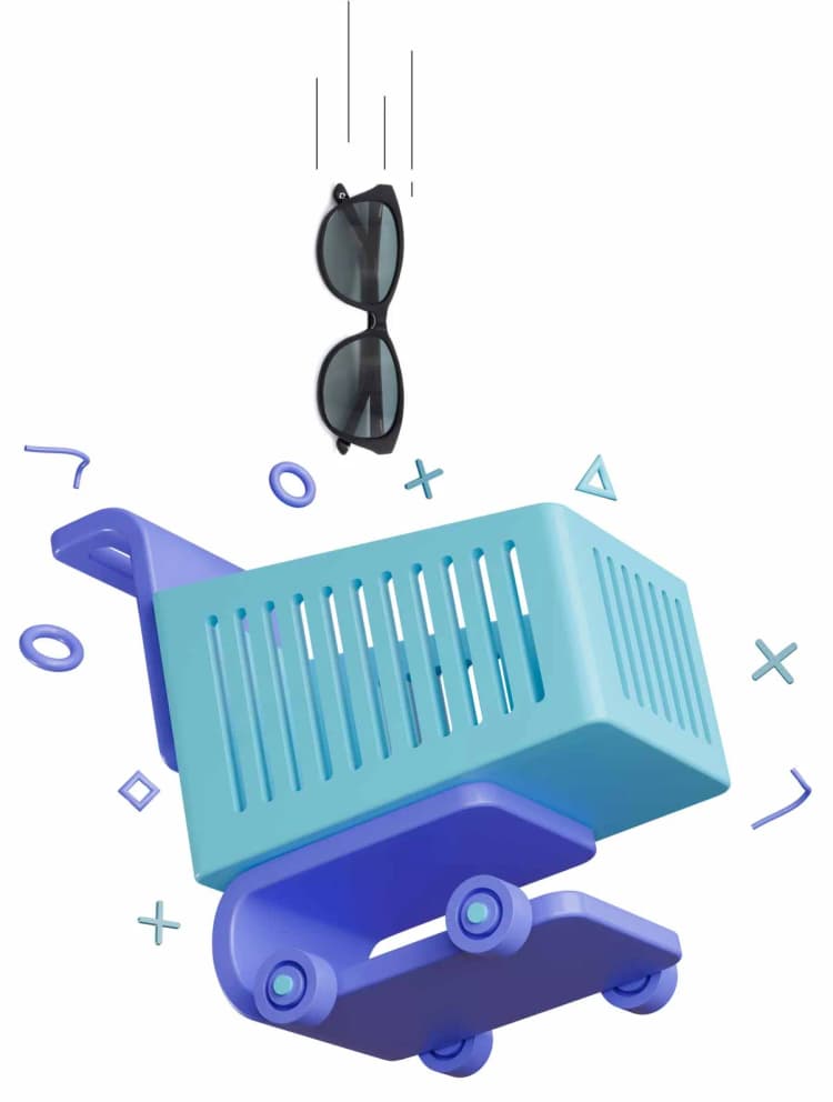 Stylised icon of a blue shopping cart with sunglasses dropping inside, representing adding eyewear to the online Specscart basket.