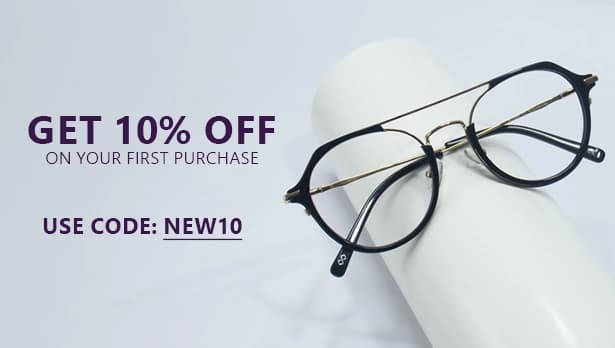 Banner with text ‘Get 10% Off On Your First Purchase. Use Code: NEW10’ alongside a pair of round black glasses with thin gold detailing, placed on a white cylindrical surface.