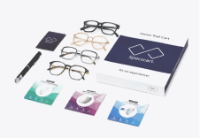 Specscart Free Home Trial: An assortment of eyeglasses, lenses, a UV pen, and a box with trial materials, illustrating the 4 frames, 3 lenses, and UV pen offer for 7 days.