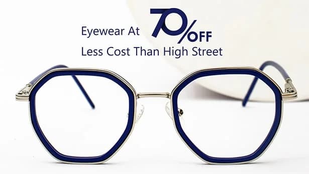 Banner highlighting ‘Eyewear At 70% Off, Less Cost Than High Street’ with large blue text and a pair of geometric blue-rimmed Specscart glasses on the right side, set against a simple pale backdrop.