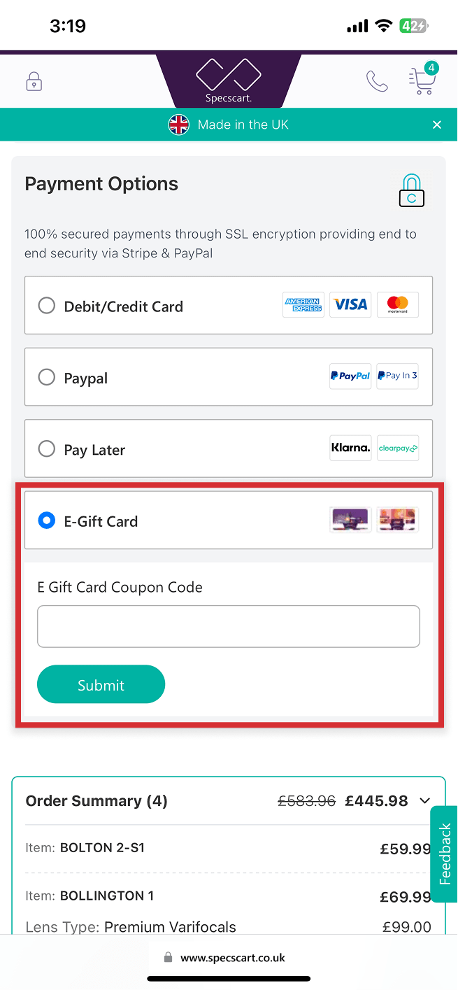 How do I redeem a gift card or discount code?