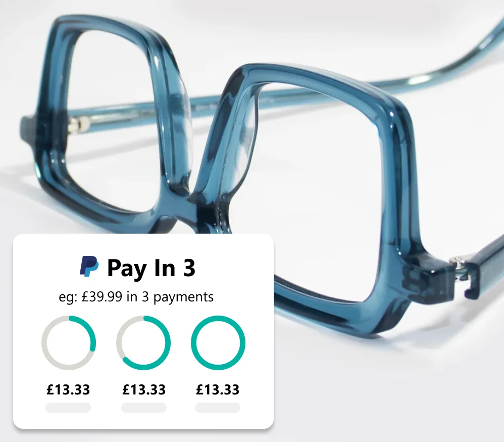 Close-up of transparent blue square Specscart glasses on a white background. In the foreground, an info card shows PayPal Pay in 3, with three teal circular graphics and example payments of £13.33, illustrating the instalment plan for a purchase of £39.99.