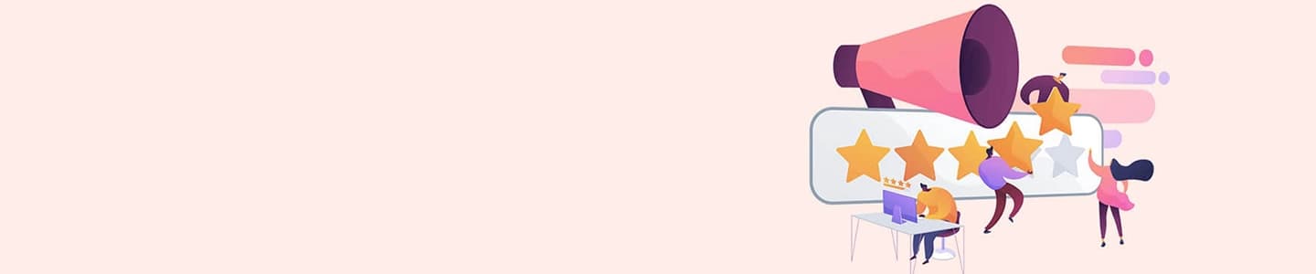 Colourful illustration on Specscart’s reviews page showing a large megaphone, people placing gold stars on a review board, and a person seated at a desk reading feedback. The scene represents customer engagement, ratings, and positive experiences.