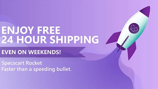 Banner promoting Specscart Rocket’s free 24-hour shipping, featuring bold white text on a purple background and a stylised rocket with the Specscart logo flying diagonally, leaving a trail.