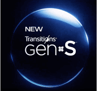 Transitions Lenses: A glowing, stylised blue sphere with 'NEW Transitions Gen S' text, representing the advanced technology and adaptive nature of Transitions lenses.