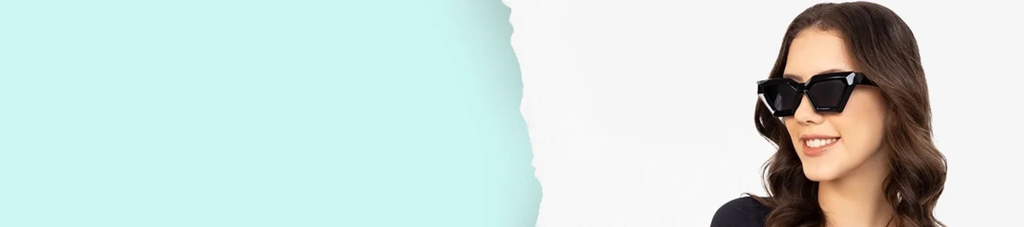 Geometric Sunglasses A woman with wavy brown hair wears thick black geometric sunglasses while smiling, set against a modern split background of light blue and white.