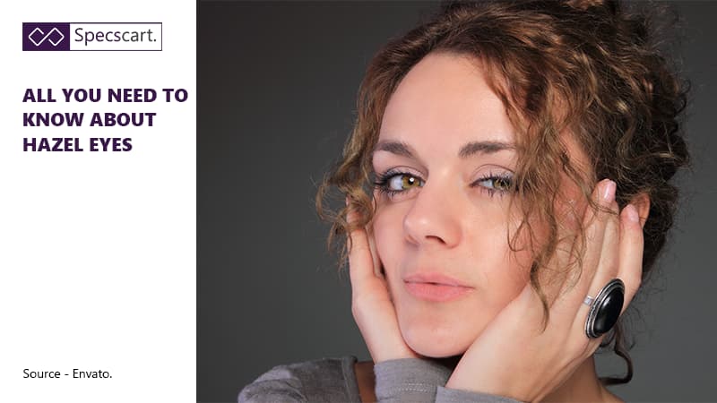 All You Need To Know About Hazel Eyes A woman with curly hair and bright hazel eyes poses next to the blog title "All you need to know about hazel eyes" against a dark background.