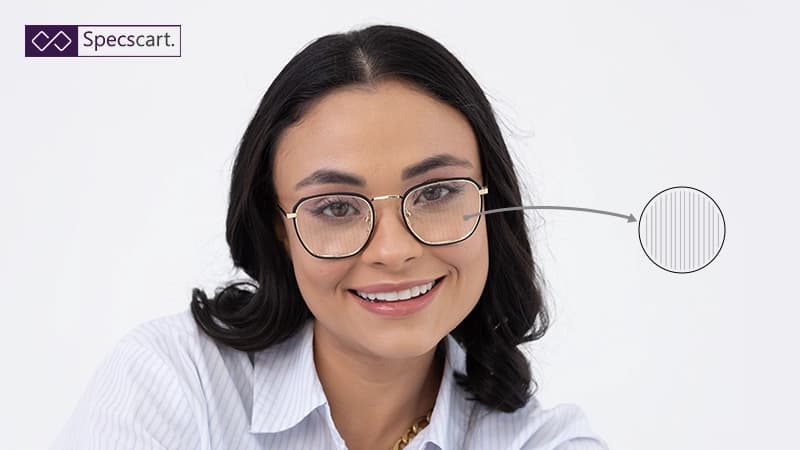 What are Prism Glasses and Who Should Wear Them? A woman wearing Specscart prism glasses, with a magnified graphic showing vertical lens lines used to correct double vision and eye alignment.
