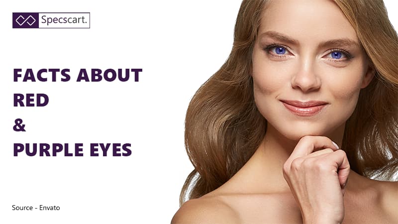 Facts About Red/Purple Eyes Portrait of a woman with long wavy brown hair and violet-purple eyes, smiling and resting her chin on her hand against a white background.