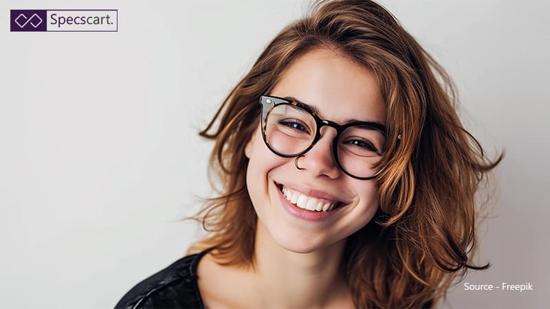 Stunning Hairstyles For Women Of All Ages Who Wear Glasses A young woman with long, wavy brown hair and a nose ring smiles widely. She is wearing large, round black and tortoiseshell glasses.