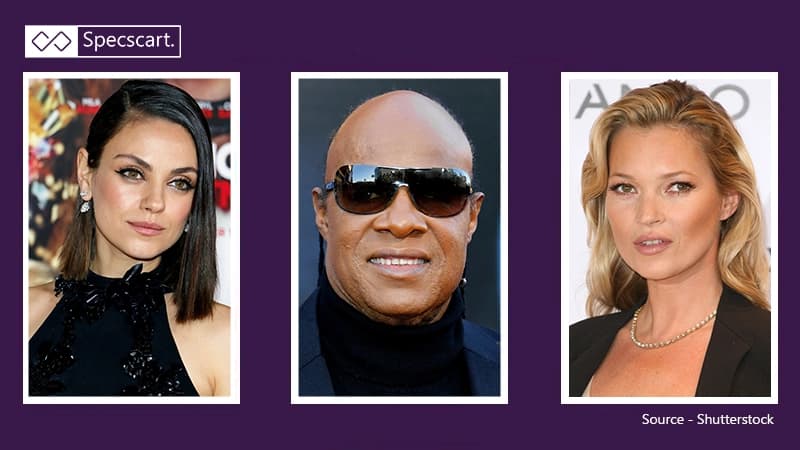 15 Celebrities you didn’t know have/had eye diseases and disorders A triptych of three celebrities: Mila Kunis, Stevie Wonder wearing dark sunglasses, and Kate Moss, who have all dealt with various eye conditions.