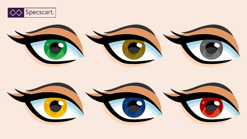What are Some of the Rarest Eye Colours? Illustration of six eyes in two rows with different iris colours: green, amber, grey, yellow, blue, and red.