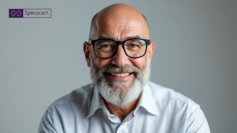 No Hair, No Fuss: Best Glasses for Bald Men A bald, bearded man with a grey beard and warm smile looks directly at the camera. He wears a white collared shirt and rectangular black-framed glasses.