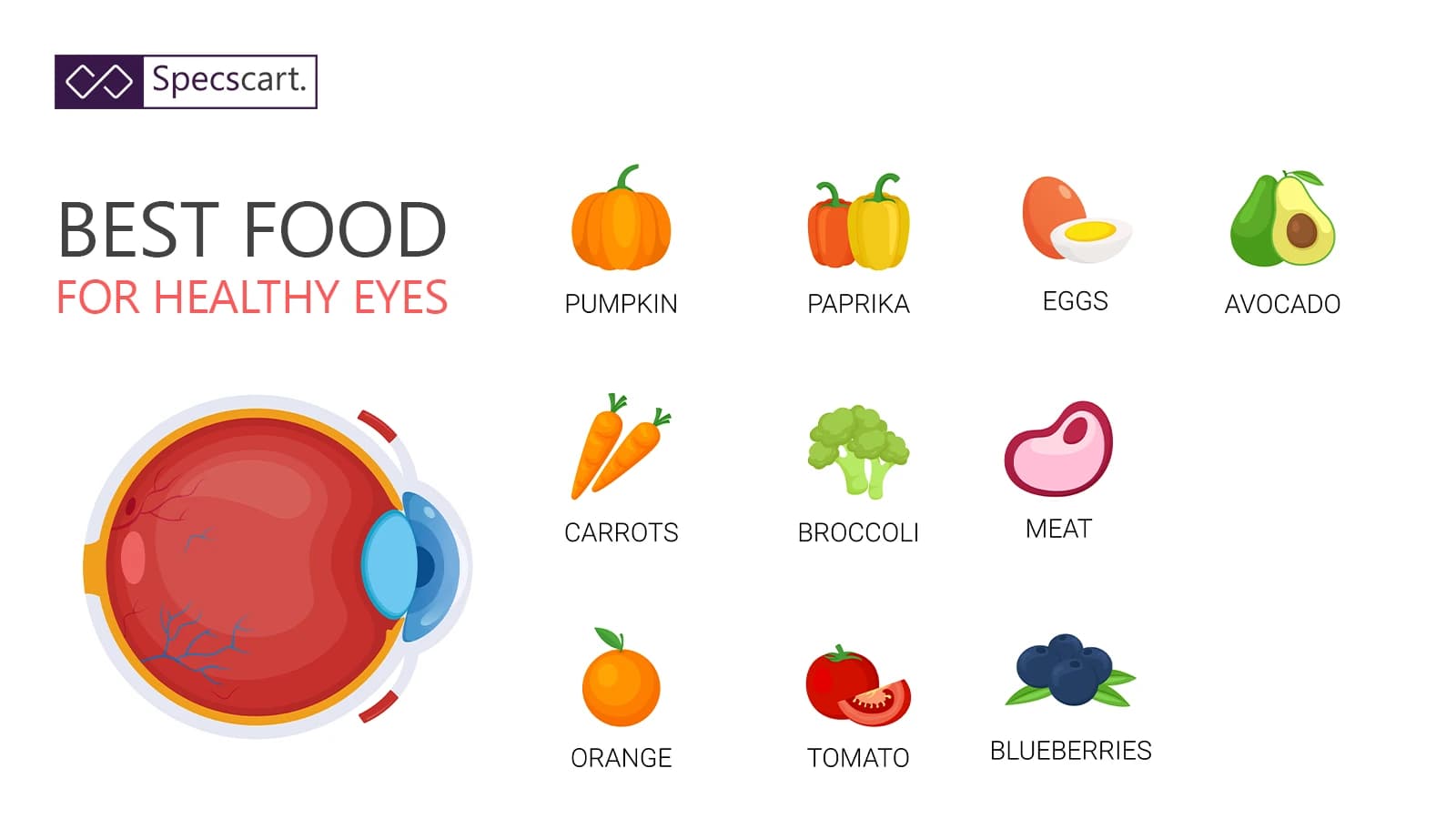 Top 10 Foods For Healthy Eyes Best Food for Healthy Eyes banner with illustrations of an eye, pumpkin, paprika, eggs, avocado, carrots, broccoli, meat, orange, tomato, and blueberries.