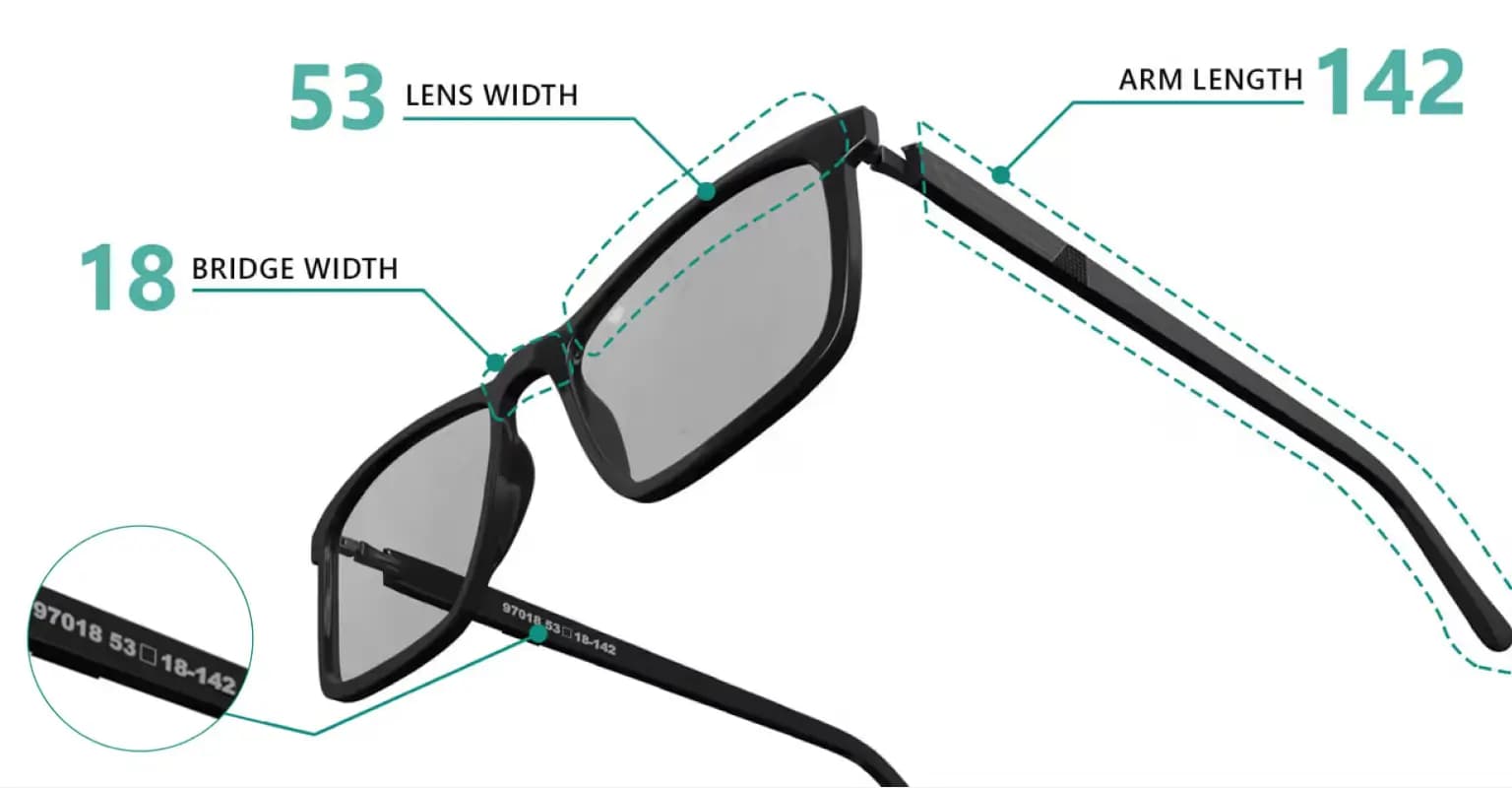 Technical illustration of black rectangular eyeglasses with dashed lines and numerical labels indicating '53 LENS WIDTH', '18 BRIDGE WIDTH', and '142 ARM LENGTH', used to explain how to measure glasses for fitting.