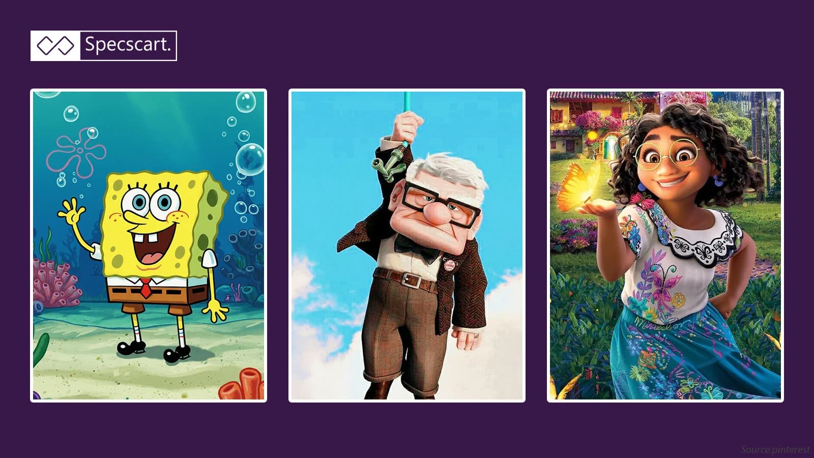 13 Cartoon Characters With Glasses We All Love Three vertical panels featuring cartoon characters who wear glasses: SpongeBob SquarePants, Carl Fredricksen from Up, holding a balloon, and Mirabel Madrigal from Encanto with a glowing butterfly.